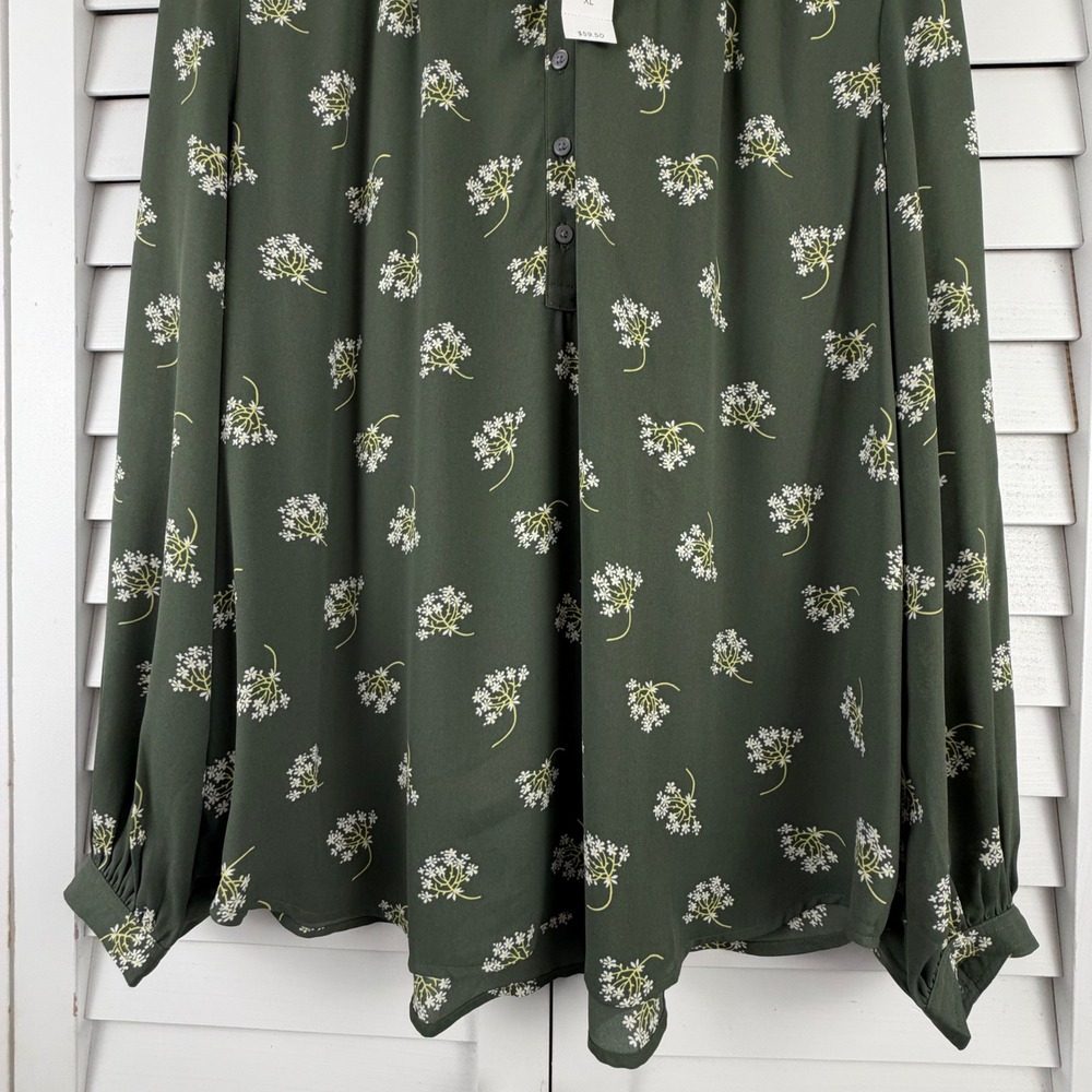 LOFT Blouse XL Green Floral Smocked Ruffle Neck Long Sleeve NEW - Picture 8 of 15